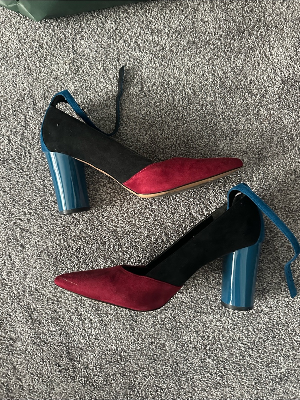 Mix No. 6 Two-Tone Pointed Block Heel Pumps in Burgundy, Black & Blue
